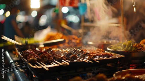 Night market food stall, close-up of sizzling dishes and chefâ€™s flair, street eats 