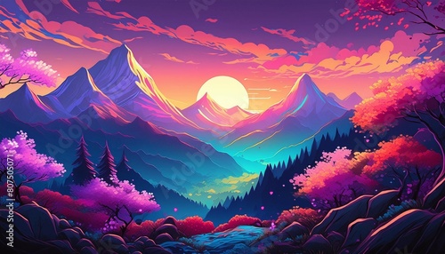 Sunset in the mountains in neon color ,spring concept © Willard