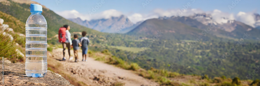 Healthy lifestyle, fitness, sport and people concept - group of people with bottle of water on mountain trail