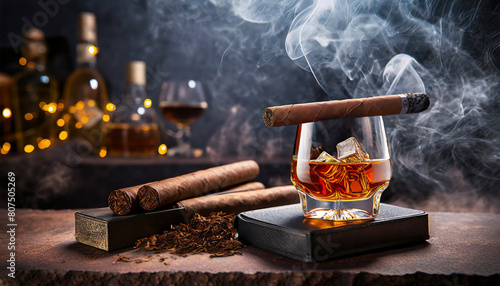 Whiskey with cigar on old wooden table and bar background. © Mariusz Blach