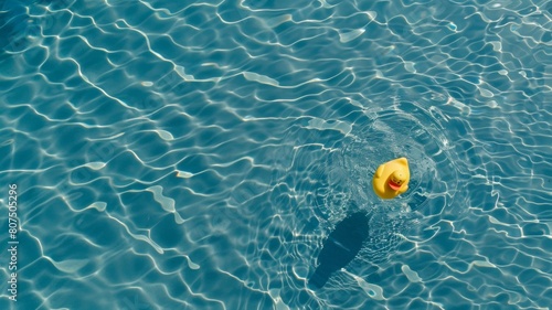 Top view of shadow on pool water surface with a rubber ducky floating in the water. Beautiful abstract background concept banner.