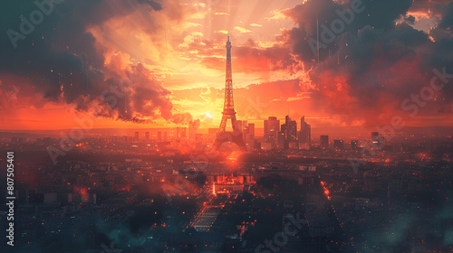 sunset in the city, Happy Bastille Day Airplanes. Art Illustration