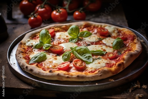 Delicious homemade pizza with fresh basil and tomatoes