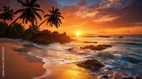 Stunning tropical sunset over a palm-fringed beach