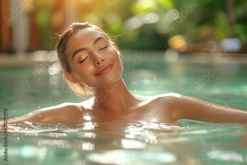 A woman is in a pool  smiling and looking at the camera