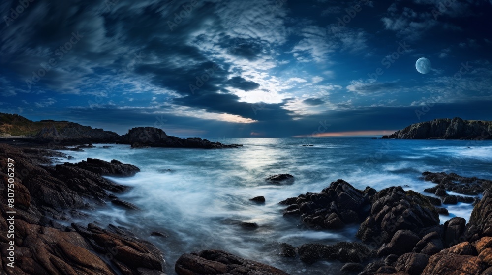 Stunning seascape with dramatic clouds and moonlight