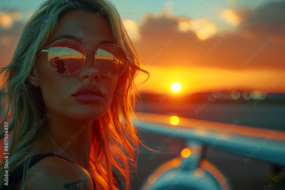 A woman with long blonde hair is wearing sunglasses and looking at the camera A woman with long blonde hair is wearing sunglasses and looking at the camera