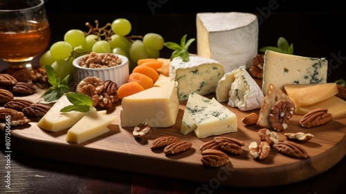 Assortment of gourmet cheeses, nuts, and fruit on a wooden board