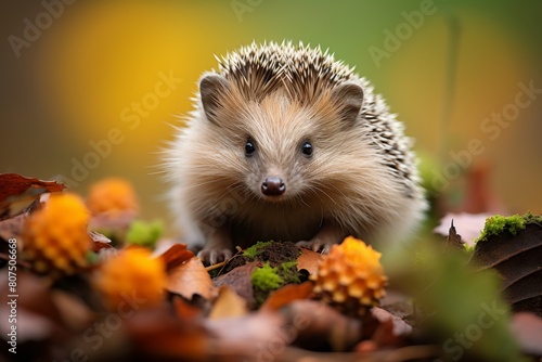 Cute hedgehog in autumn leaves