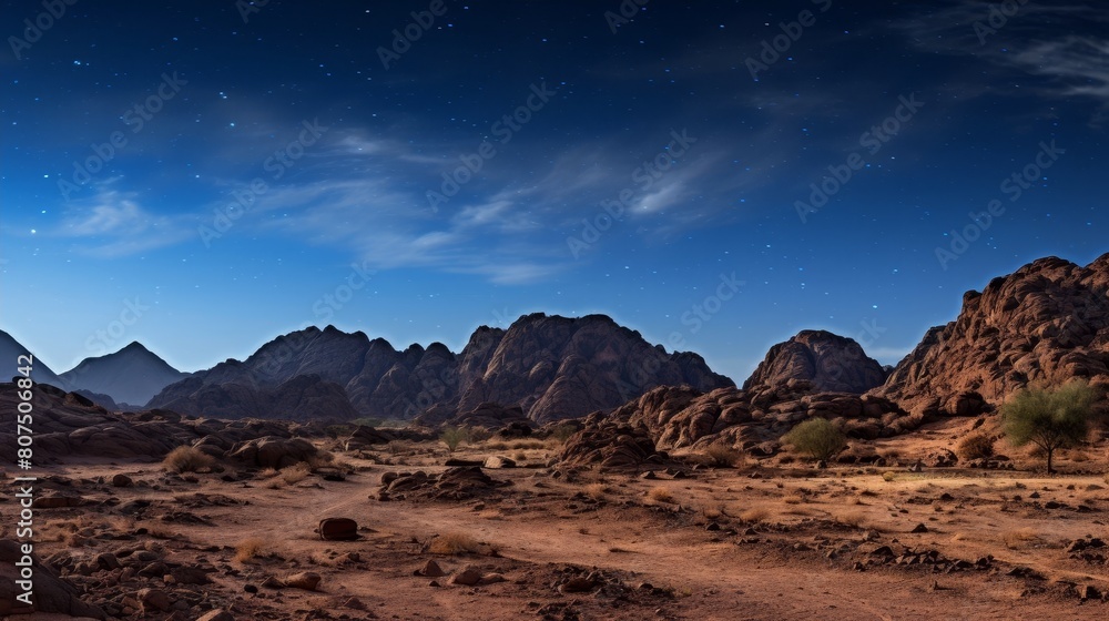 Naklejka premium Starry night sky over rugged desert landscape