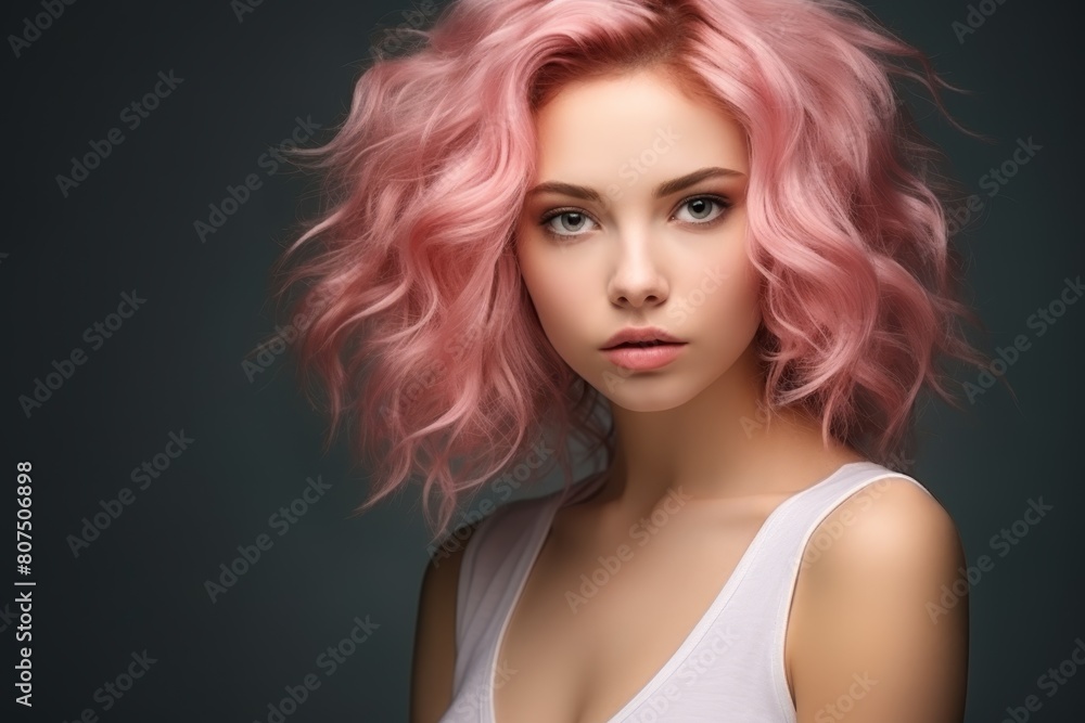 Vibrant pink hair woman with intense gaze Vibrant pink hair woman with intense gaze