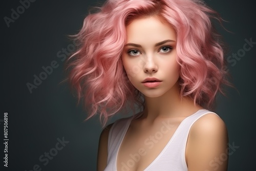 Vibrant pink hair woman with intense gaze