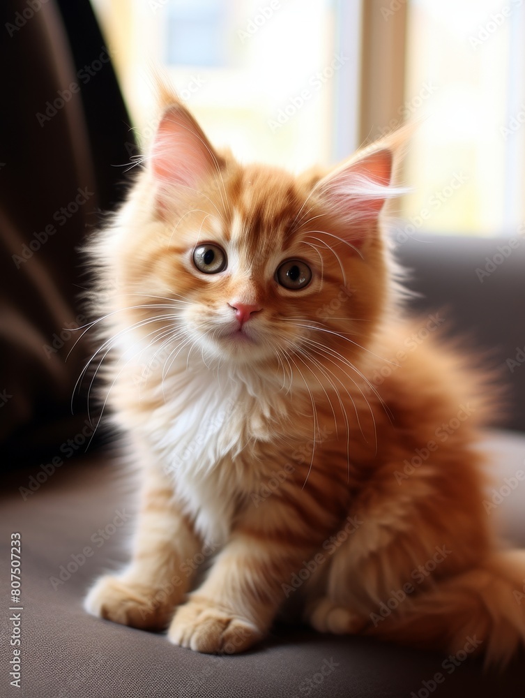 Adorable fluffy orange kitten with big eyes