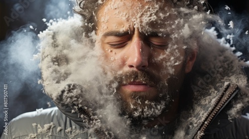 man with snowy beard in cold weather