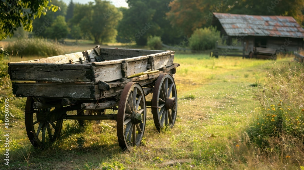 A wooden wagon is sitting in a field