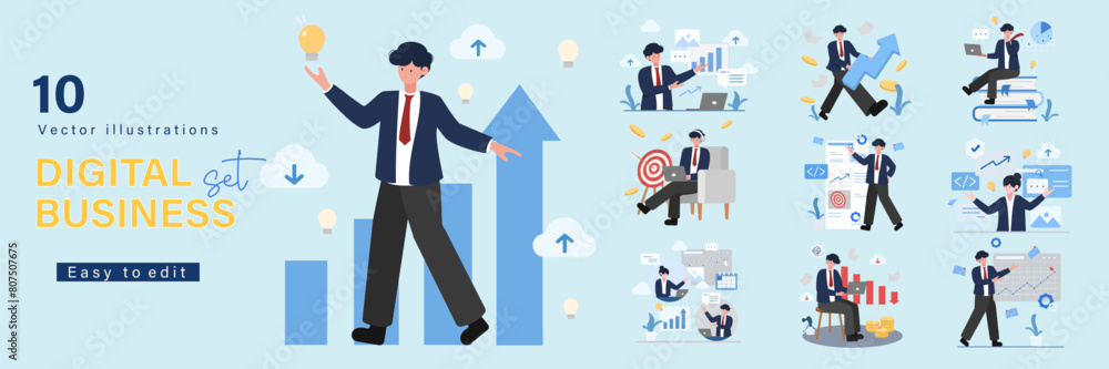 Business Concept illustrations set. Collection of scenes with men and women taking part in business activities. Vector illustration Business Concept illustrations set. Collection of scenes with men and women taking part in business activities. Vector illustration
