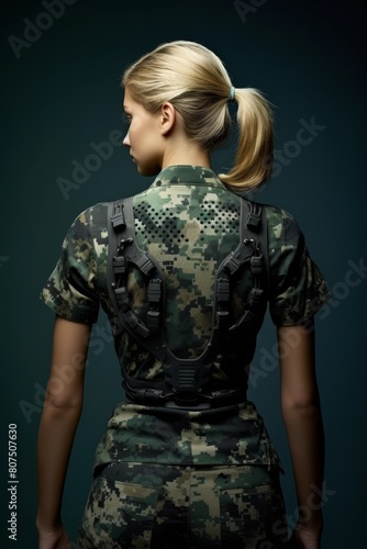 military woman in camouflage uniform with ponytail © Balaraw