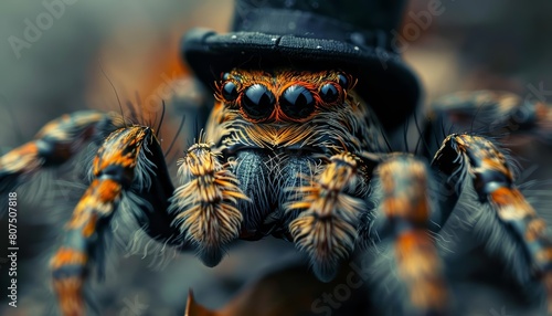 A closeup halfbody of a charismatic arachnid with a monocle and bowler hat, against a moody grey, colorful strange bizarre sharpen blur background with copy space photo