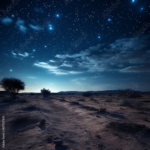 Starry night sky over desert landscape