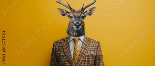 A closeup halfbody of a charismatic mammal dressed in a classic tweed suit, posing against a vibrant yellow, colorful strange bizarre sharpen blur background with copy space