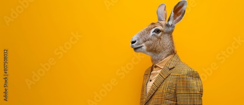 A closeup halfbody of a charismatic mammal dressed in a classic tweed suit, posing against a vibrant yellow, colorful strange bizarre sharpen blur background with copy space