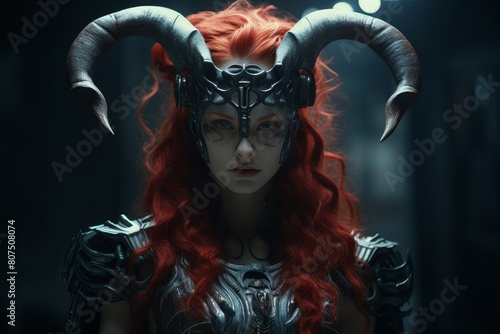 Futuristic female warrior with horned helmet and fiery red hair