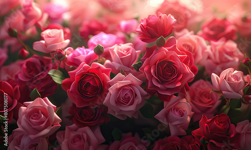A lush image showcasing an array of blooming roses in vibrant red and pink hues. Generate AI