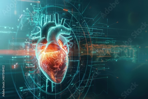 A futuristic 3D representation of targeted therapy for cardiac tumors, integrating advanced imaging and precision medicine, Sharpen banner template with copy space on center photo