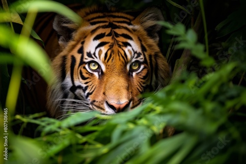 Fierce tiger peeking through lush foliage