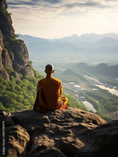 Serene monk meditating on mountain peak overlooking scenic landscape