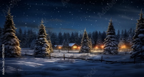 Snowy winter landscape with illuminated cabin and pine trees