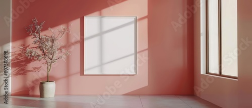 A minimalist modern interior is complemented by a 3D Mockup frame on the wall, 3D render sharpen