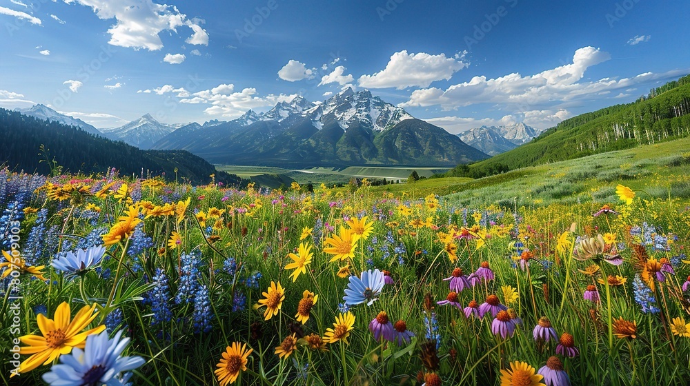 mountain landscape blanketed in a carpet of vibrant wildflowers, with snow-capped peaks towering in the distance and a clear blue sky overhead mountain landscape blanketed in a carpet of vibrant wildflowers, with snow-capped peaks towering in the distance and a clear blue sky overhead