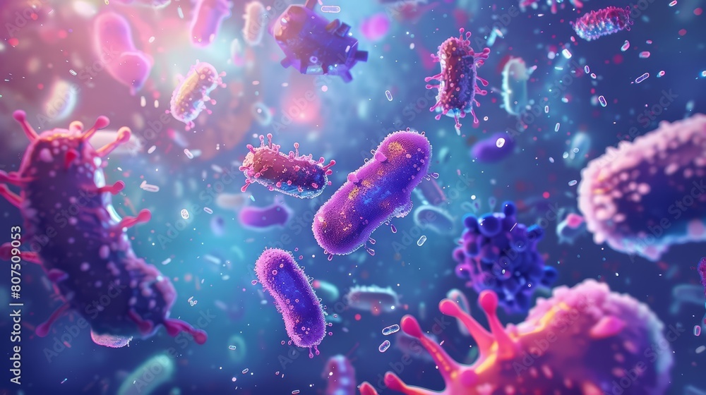 Fototapeta premium A stunning illustration of microbiology under a microscope reveals a vivid dance of probiotics bacteria
