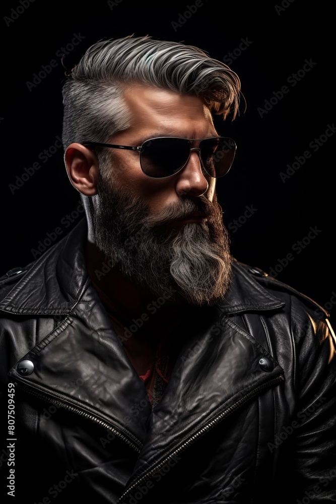 Obraz premium Stylish bearded man in leather jacket