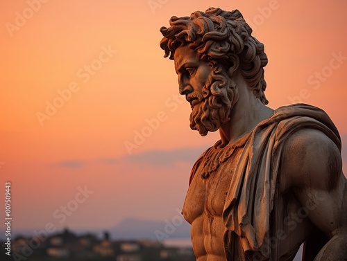 ancient greek statue at sunset