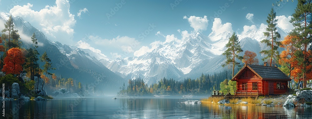 Fototapeta premium Winter Wonderland Cabin: Scenic Riverfront View