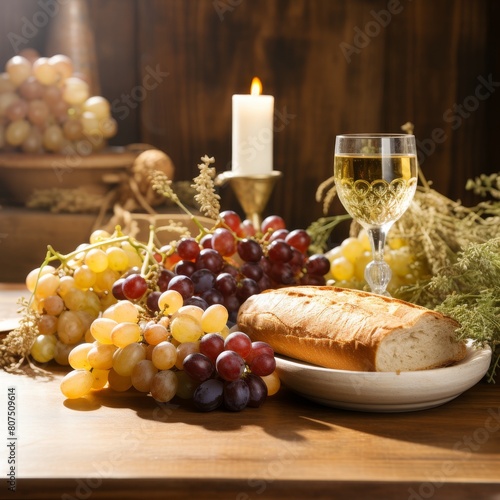 cozy autumn still life with wine  bread  and grapes