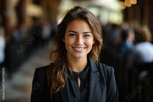 Smiling young professional woman in black suit