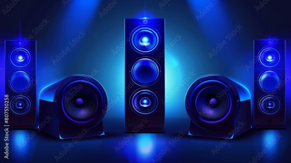 Sound speakers on a dark background with neon lights create a visually captivating setup for listening to music, Ai Generated Sound speakers on a dark background with neon lights create a visually captivating setup for listening to music, Ai Generated
