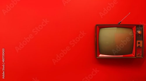 A retro TV set against a red background symbolizes the concept of propaganda and fake news in mass media, Ai Generated
