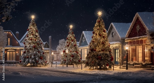 Snowy christmas village scene with decorated trees