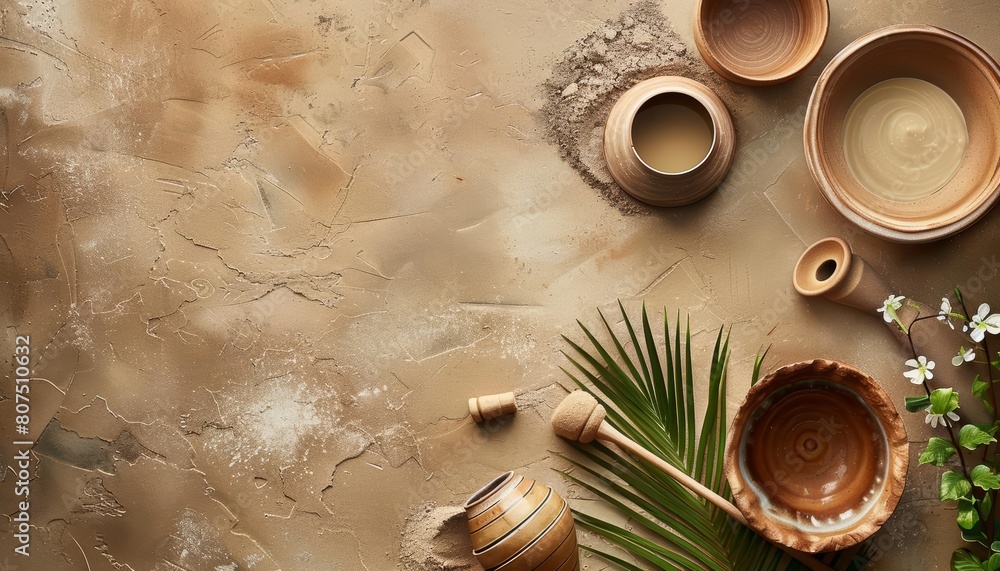 Creative flat lay template of handcrafted pottery and natural clay, showcasing artistic craftsmanship, with solid background and copy space on center Creative flat lay template of handcrafted pottery and natural clay, showcasing artistic craftsmanship, with solid background and copy space on center