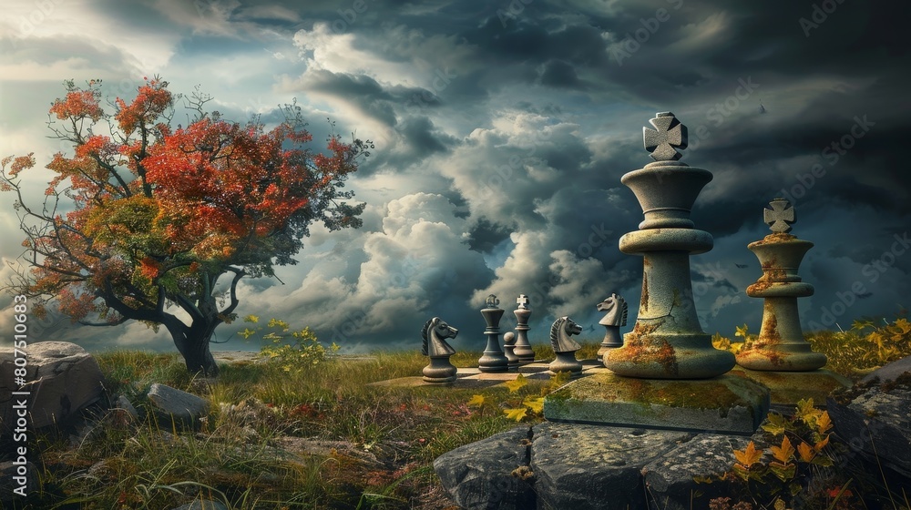 A surreal landscape featuring a castle and chess pieces, symbolizing tactics and strategy in the Middle Ages, Ai Generated