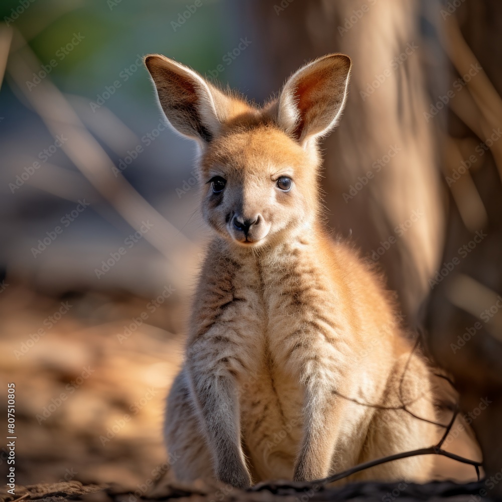 Curious young kangaroo peeking out from behind a tree