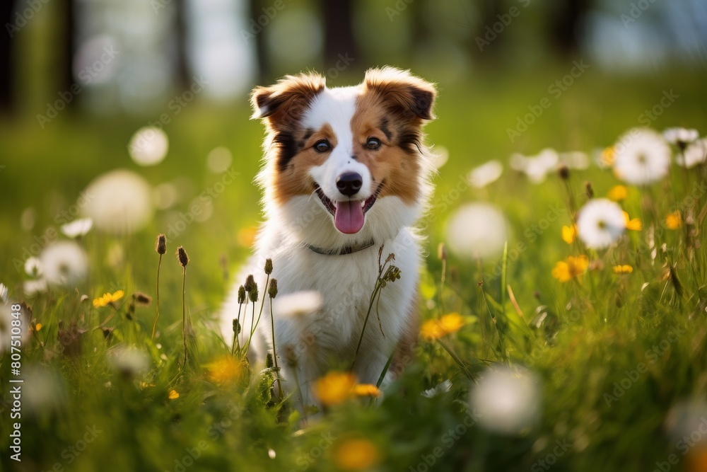 Playful dog in a field of flowers