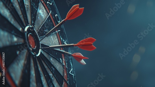A close up shot of red darts arrows hitting the target center against a dark blue sky, Ai Generated