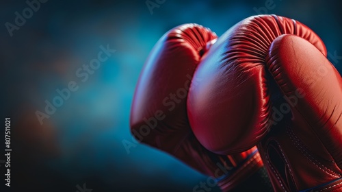 A close up of a pair of red boxing gloves against a dark background, suggesting sports training, Ai Generated © Crazy Juke