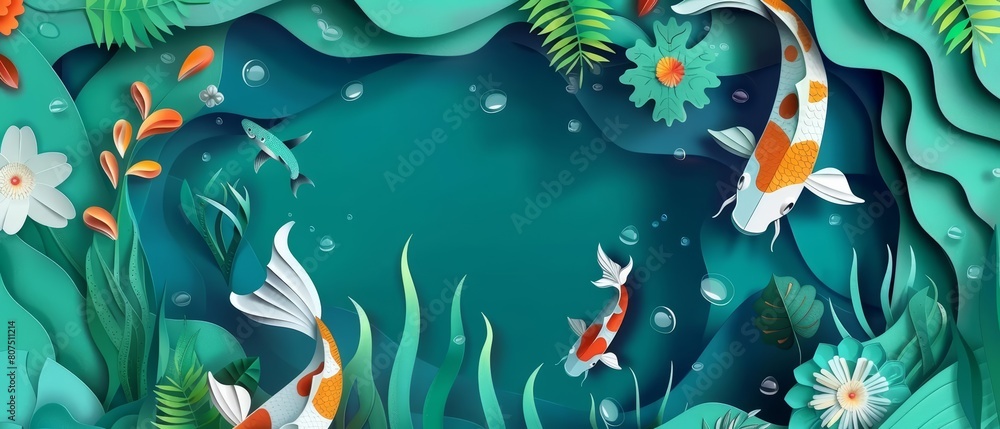 Dive into the underwater world where lucky koi fish swim amidst flowing water plants Dive into the underwater world where lucky koi fish swim amidst flowing water plants