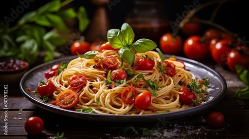 Delicious pasta dish with fresh tomatoes and basil